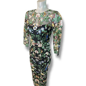 Marchesa Notte Floral Embroidered Sheath Dress Size 0 or XS in Black